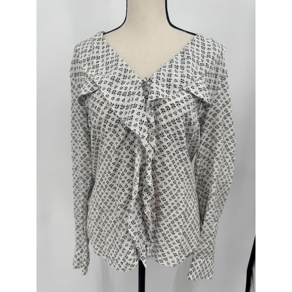 Veronica Beard Blouse Women 8 White Black Silk Ruffle V-Neck Floral Long Sleeve